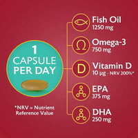 Seven Seas Omega-3 Fish Oil Extra Strength, One-A-Day, Vitamin D, 1250 mg Fish Oil, 750 Mg Omega-3 + 250 mg, 30 High Strength Tablets