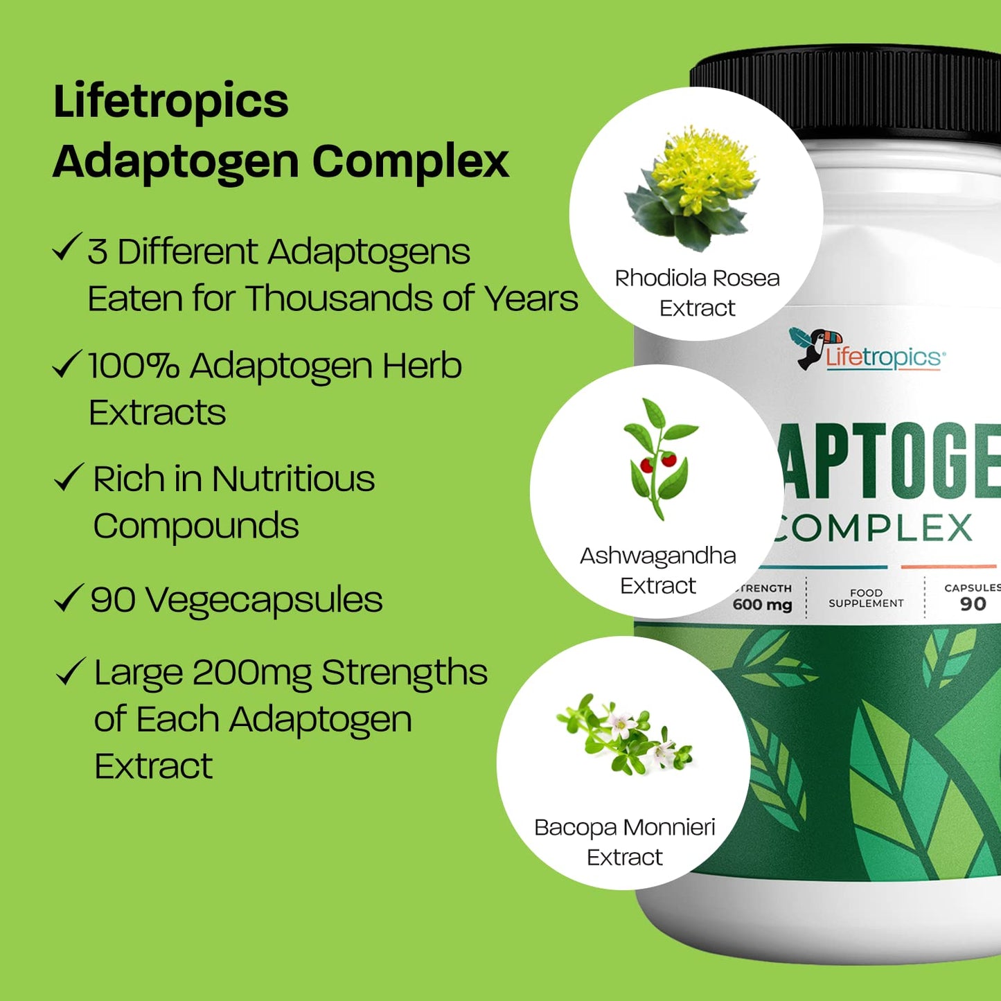 Lifetropics Adaptogen Complex | Plant-Based Supplement | Contains Ashwagandha, Rhodiola Rosea, Bacopa Monnieri | Rich in Withanolides, Salidrosides, Rosavins, Bacosides | 90 Vegecaps