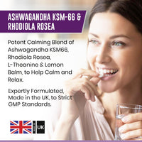 Ashwagandha High Strength KSM 66 Complex - 2000mg Enhanced with Rhodiola Rosea, L Theanine & Lemon Balm for Sleep Aid & Calm - 120 Ashwagandha KSM 66 Tablets - Vegan Supplement, Made in UK