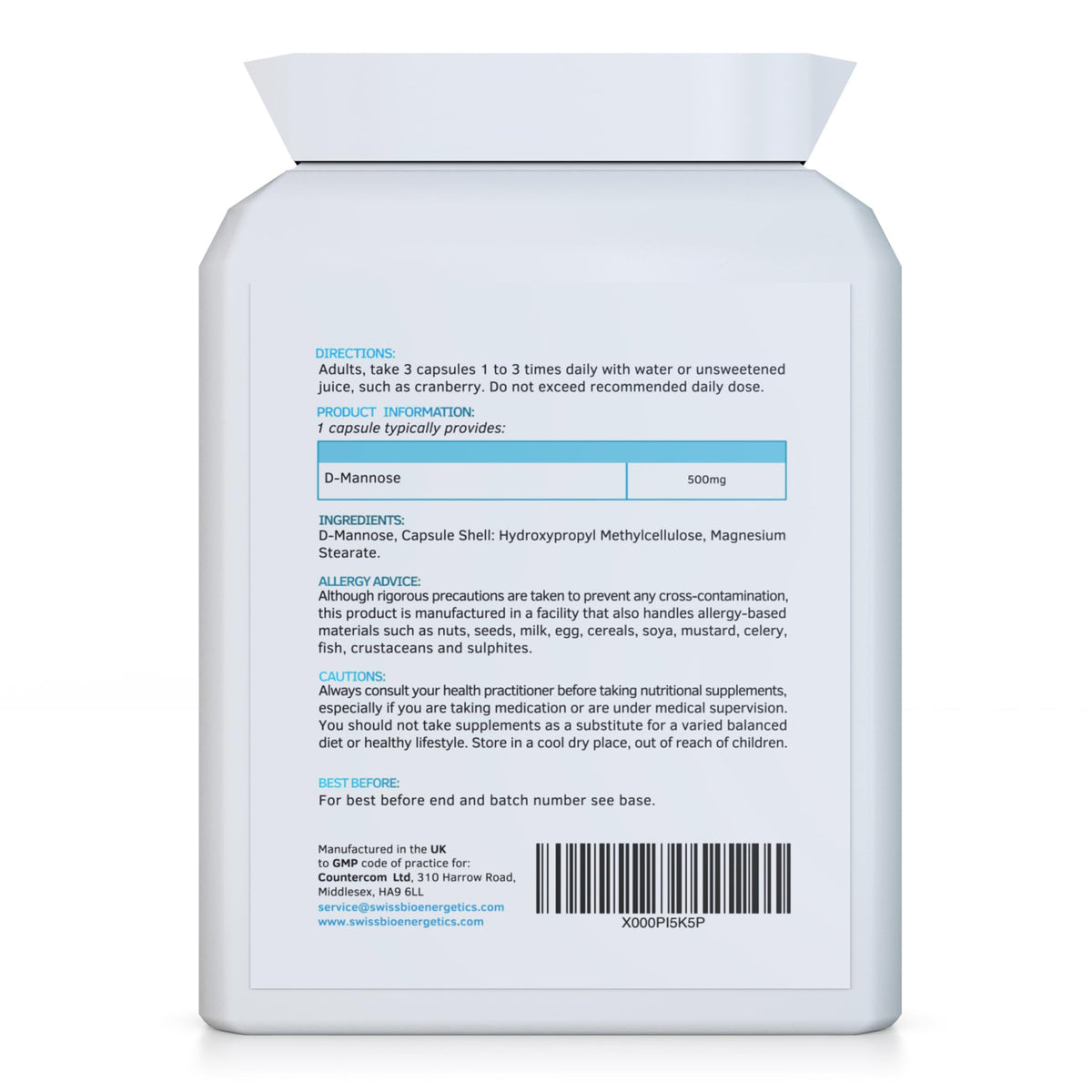 swiss bioenergetics Precision D-Mannose 500mg 90 Capsules - 100% Pure Natural Form