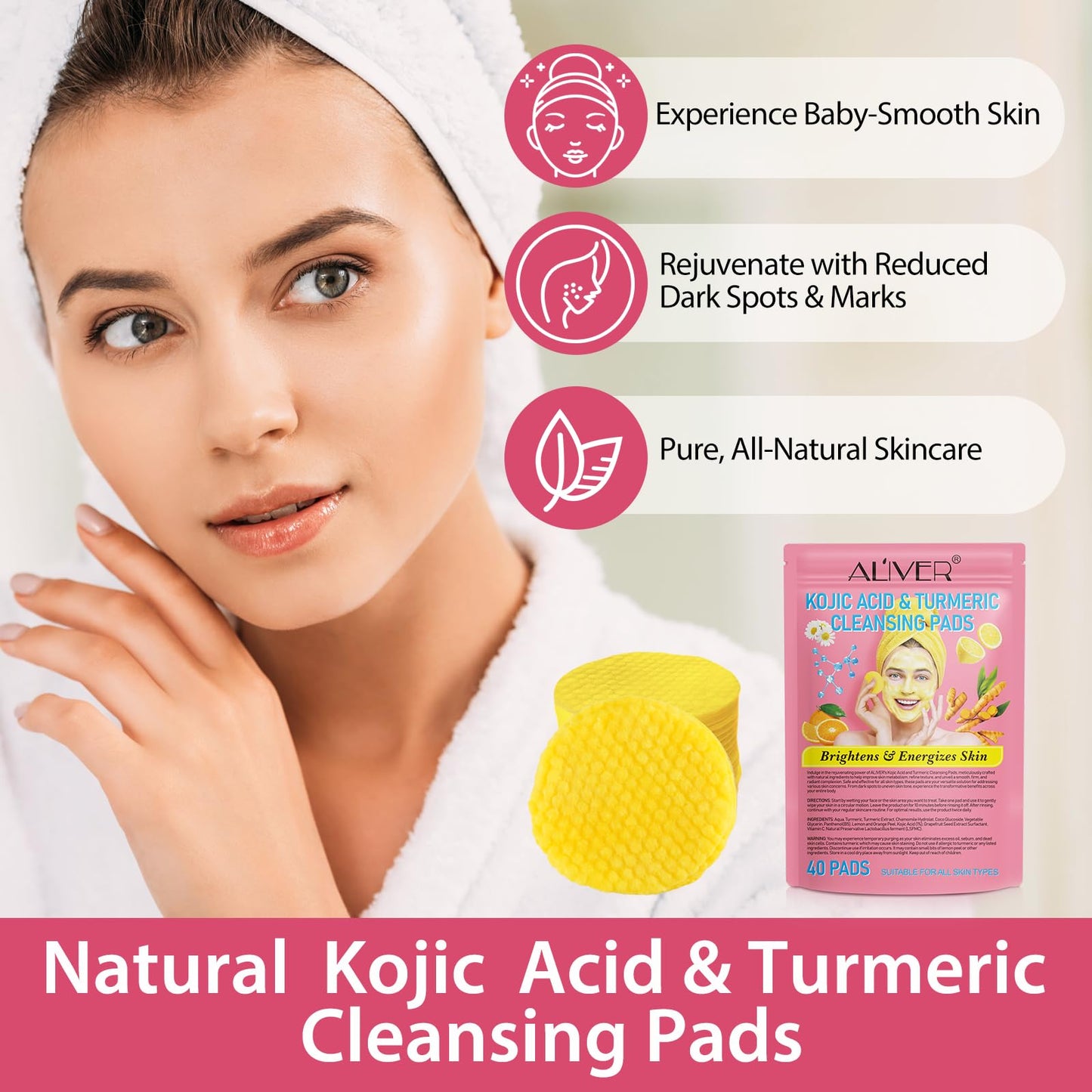VCTSOF Kojic Acid And Turmeric Pads, Resurfacing Pads For Face & Body, Turmeric And Kojic Acid Cleansing Pads, Exfoliating Cleansing Pads, Facial Sponges For Cleansing(40 Pads)