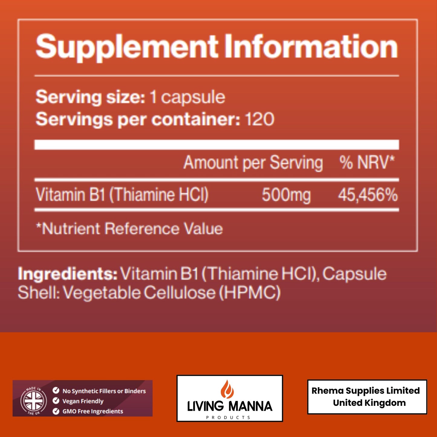 Vitamin B1 Thiamine HCl Capsules | 500mg of B1 Thiamine per Capsule | 120 Vegan Capsules | Living Manna