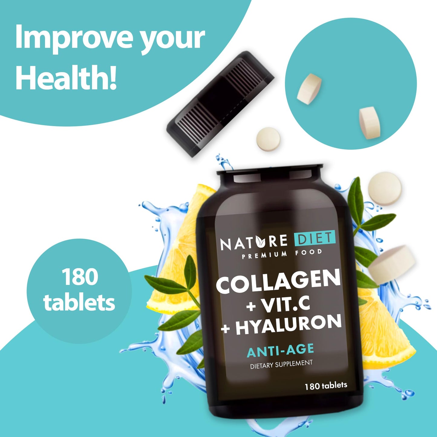 Nature Diet - Collagen with Hyaluronic Acid and Vitamin C, 180 Tablets, 500 mg , Anti Ageing , Hydrolyzed Collagen