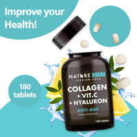 Nature Diet - Collagen with Hyaluronic Acid and Vitamin C, 180 Tablets, 500 mg , Anti Ageing , Hydrolyzed Collagen