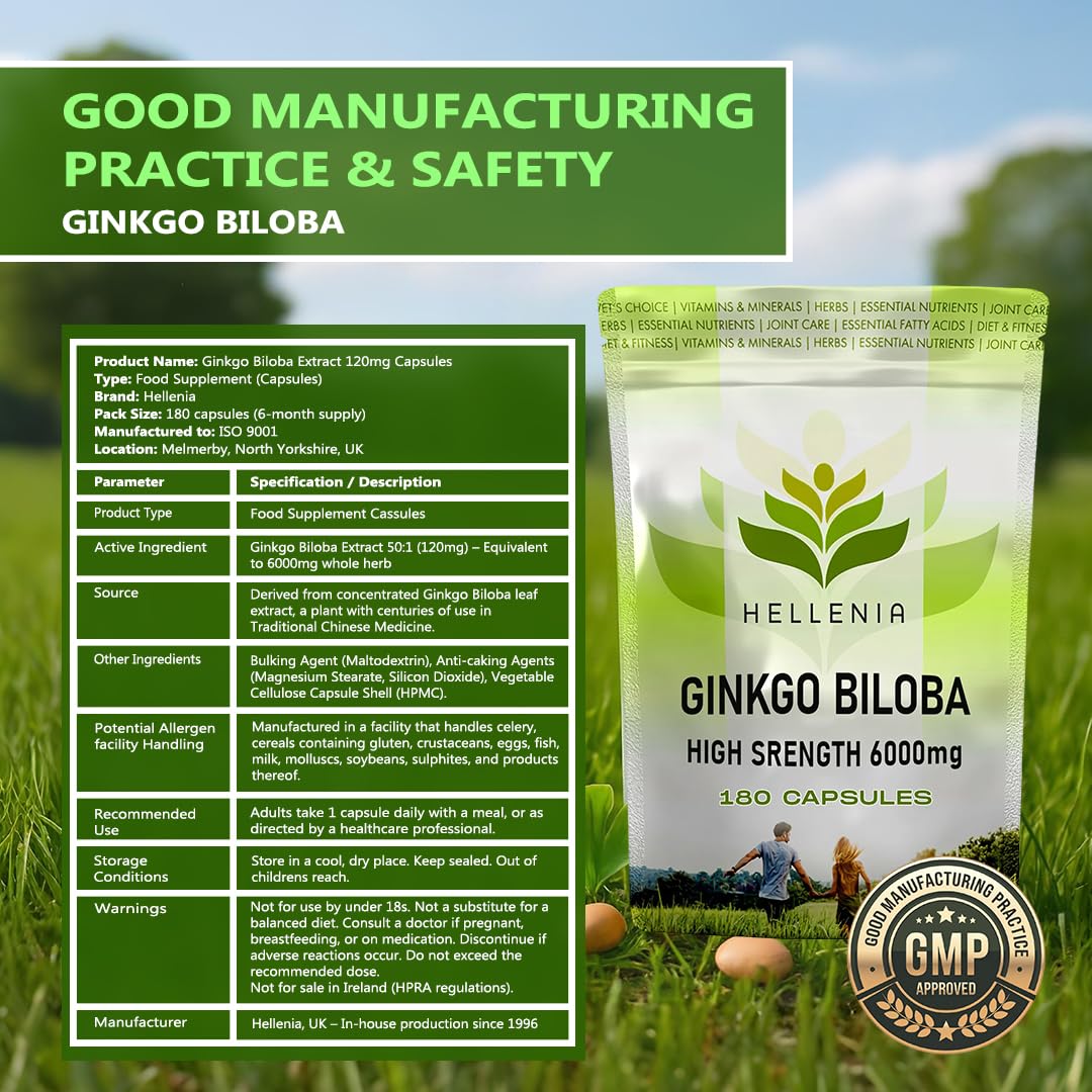 Ginkgo Biloba High Strength Capsules | 6000mg Highly Dosed | 50:1 Extract - 180 Capsules | Ginkgo Biloba 6000mg | Suitable for Vegans - Manufactured in the UK by Hellenia