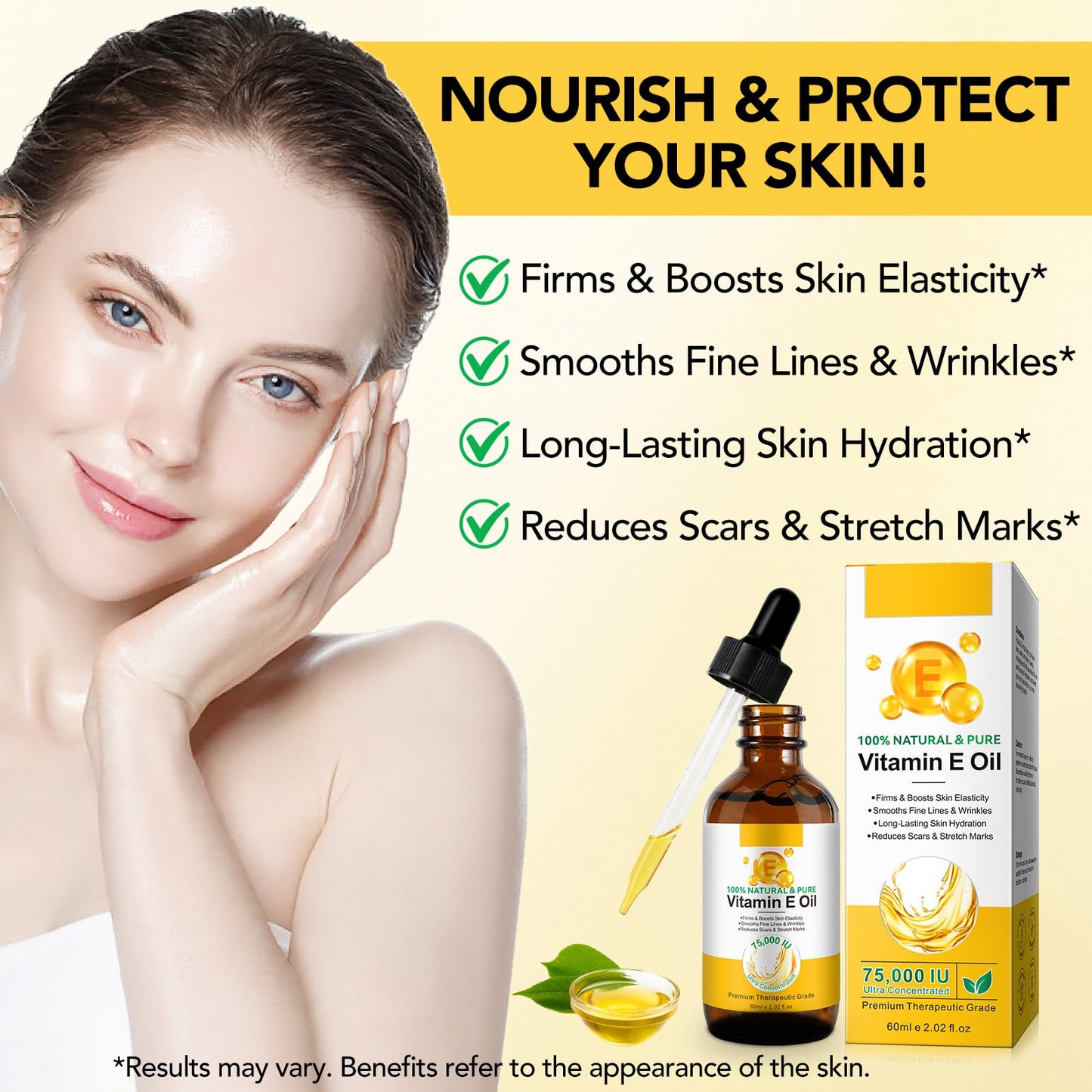 LEISGOTO Vitamin E Oil, 100% Pure Natural Plant Extracts Vitamin E Oil for Skin, Face, Reduces Scars & Stretch Marks, Smooths Fine Lines & Wrinkles, Firms & Boosts Skin Elasticity - 60ml Body Oil (Pack of 1)