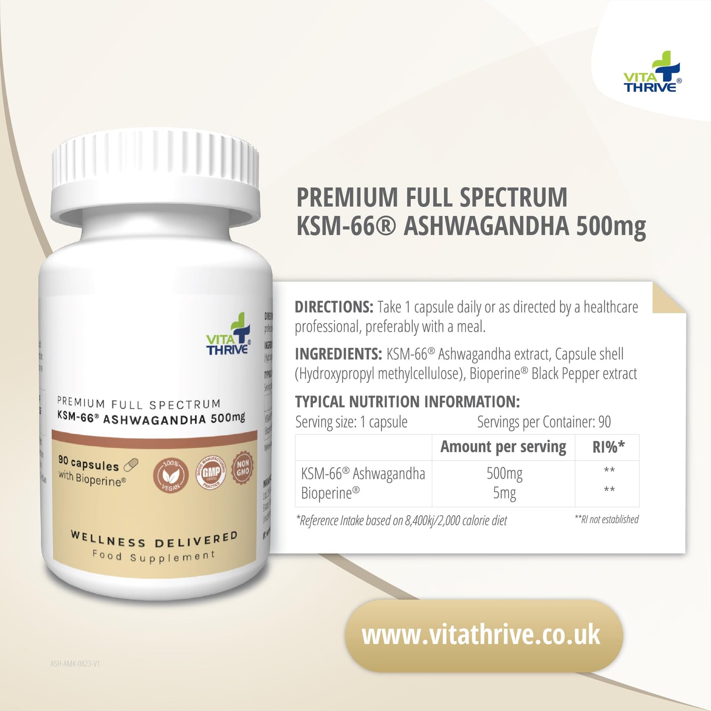 Vita Thrive VitaThrive® Ashwagandha 500mg with Bioperine® Capsules - 90 Count