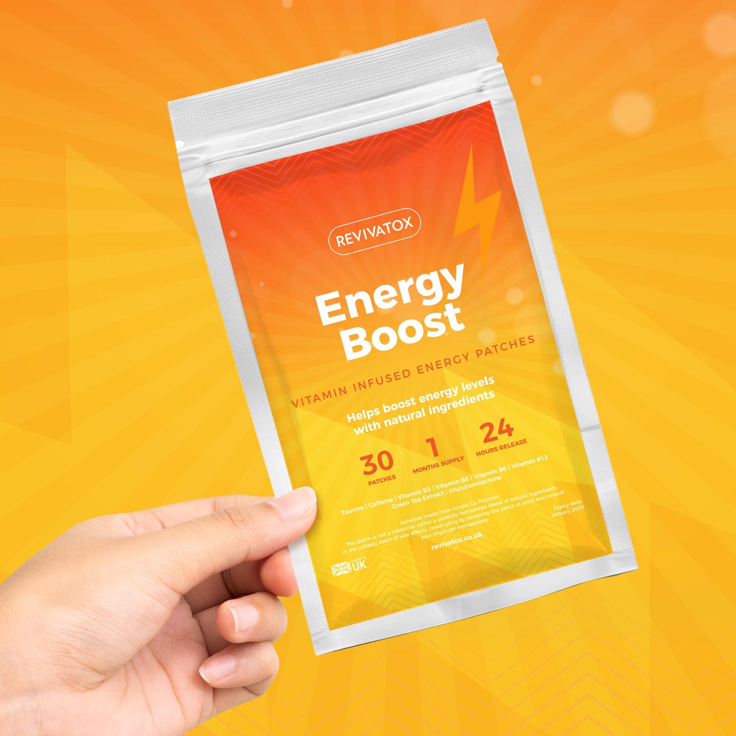 REVIVATOX Advanced Energy Boost Patch for Tiredness, Fatigue, Alertness, Mental Focus | Caffeine, Taurine, Green Tea, Vitamin B3, B5, B6, B12 and More | 30 Pack