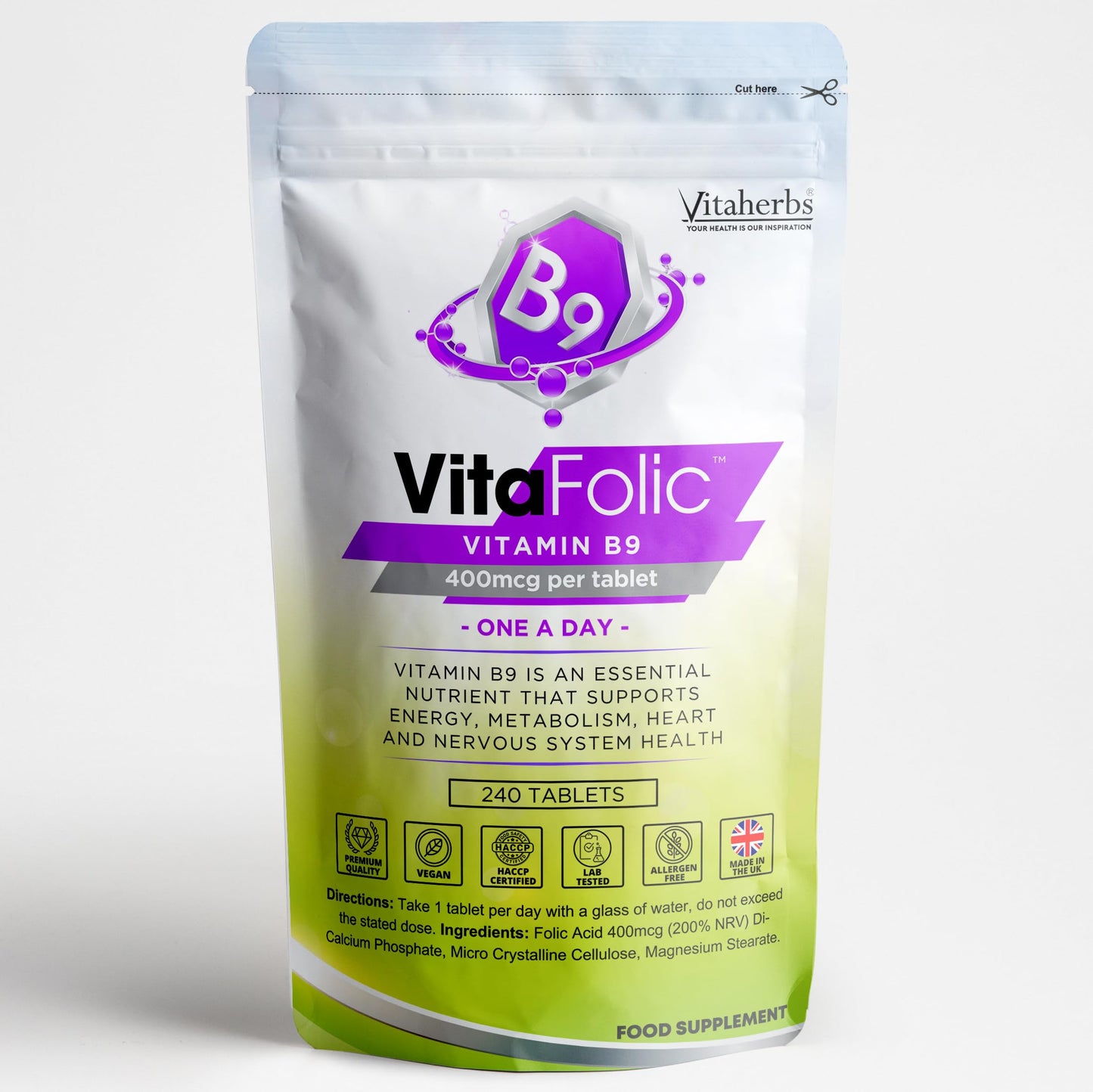 Folic Acid Tablets 400 mcg - 240 Vitamin B9 Tablets - 8 Months Supply - Pregnancy Care - Normal Function of Immune System & Maternal Tissue Growth During Pregnancy - Vitaherbs Made in The UK