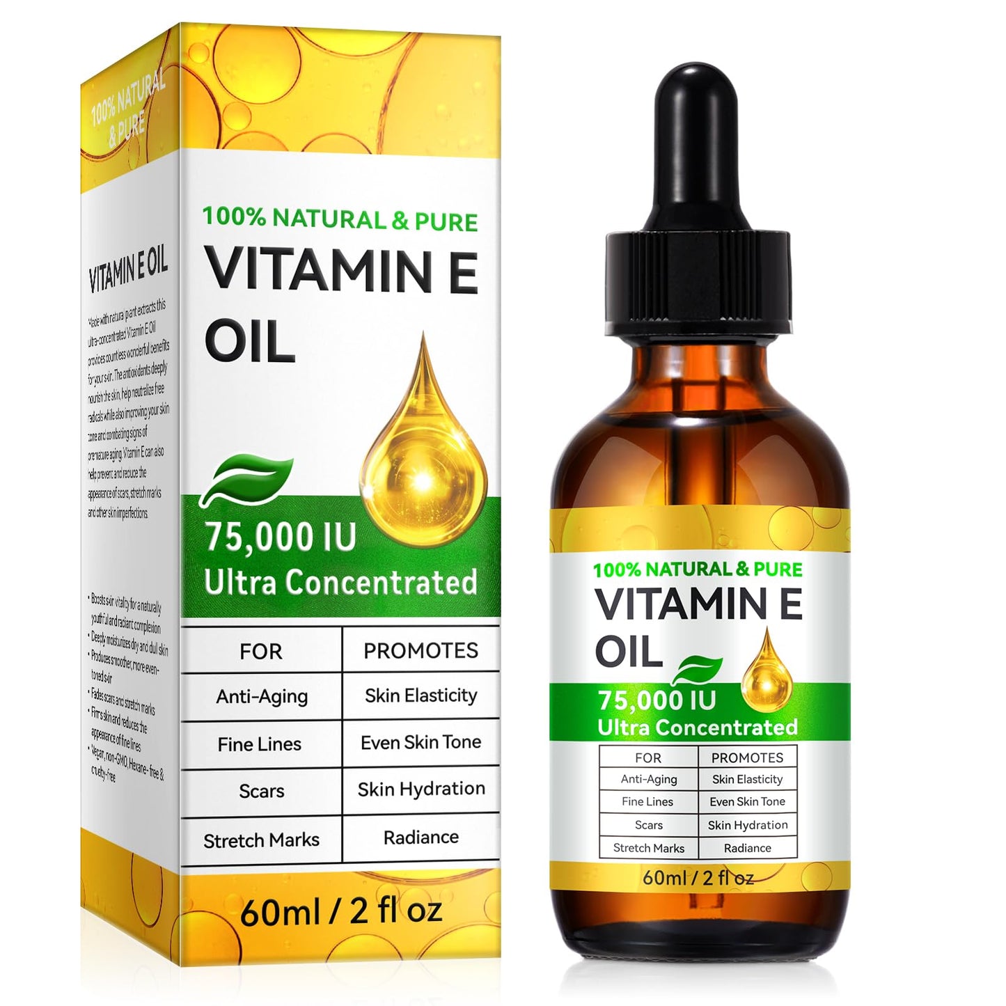 NBXINSLF Natural Vitamin E Oil for Skin, 75,000 IU Ultra Concentrated Vitamin E Oil for Face, Hair and Scars, Moisturizing Dry Skin Oils, Promotes Skin Elasticity, 2Fl Oz