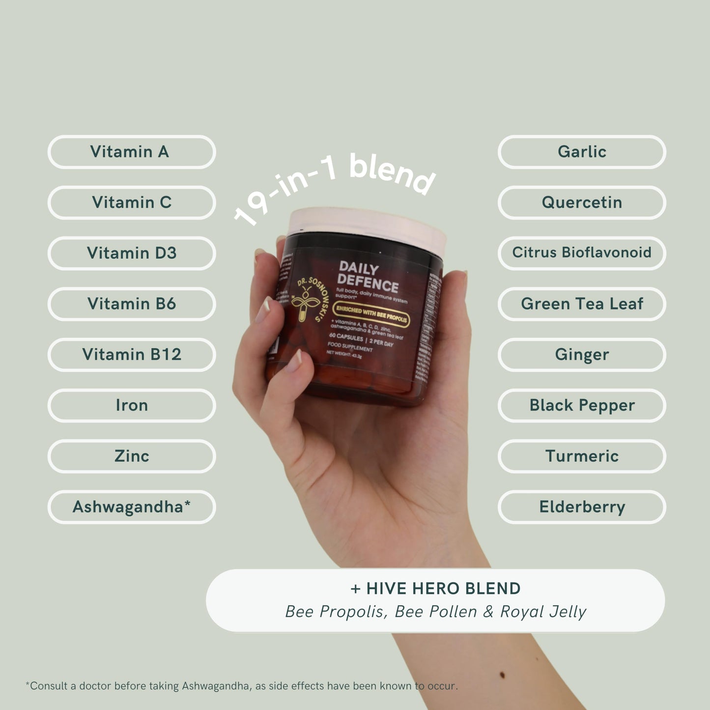 Dr Sosnowski's Dr. Sosnowski's Daily Defence Immunity Supplements | Essential Daily Multi-Vitamin with Bee Propolis, Pollen & Royal Jelly, Vegetable Capsules, 60ct