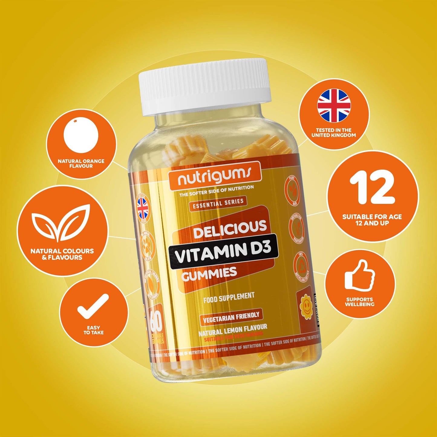 Nutrigums Vitamin D3 1000iu Gummy | High Strength | 60 Vegan Gummies | Suitable for 12+ Years | Lemon Flavour | Immune, Bones & Muscle Support by NUTRIGUMS®