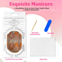 Ceboic 24Pcs French False Nails Coffin Press on Nails Medium Length Orange Gradient Glue on Nails Pink Glitter Design Acrylic Full Cover Reusable Stick on Nails for Women and Girls