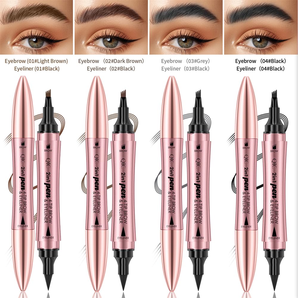 MAYEON 2 in 1 Eyebrow Pen with Eyeliner Pencil, Waterproof Eyebrow Pencil with 4 Fork Tip Multifunctional Double Head Microblade Eyebrow Pencil Waterproof and Long-Lasting (Black)