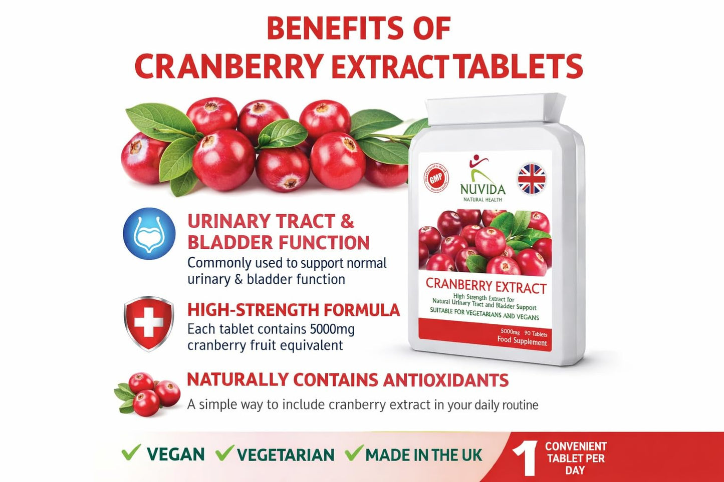 NUVIDA NATURAL HEALTH Nuvida High Strength Cranberry Tablets for Urinary infections, Cystitis and UTI Support - 90 Vegan Cranberry Extract Tablets - Cranberry Tablets for Women and Men