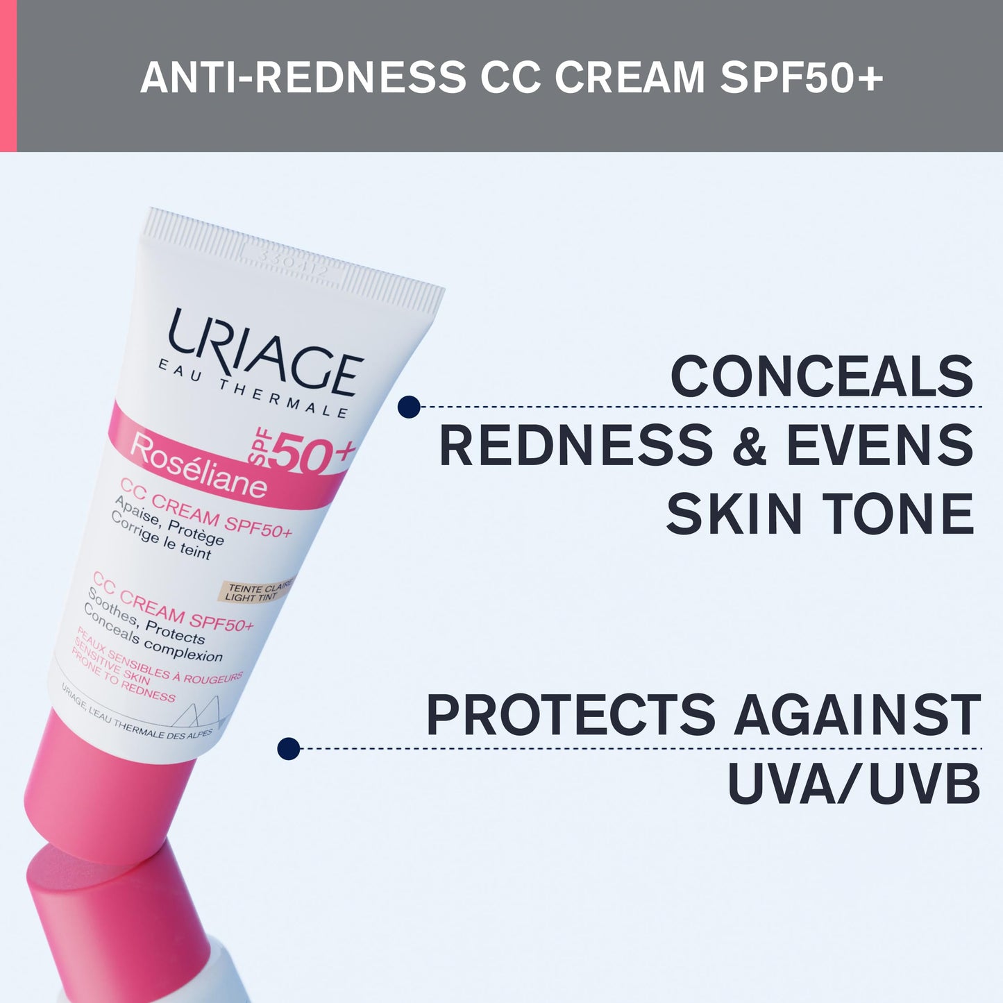 Uriage Roséliane CC Cream SPF50 (Light Tint) 40ml - Sensitive Skin Prone to Redness - Covers Redness, Unifies, Hydrates - Long-lasting Soothing Action & Sun Protection - Non-comedogenic