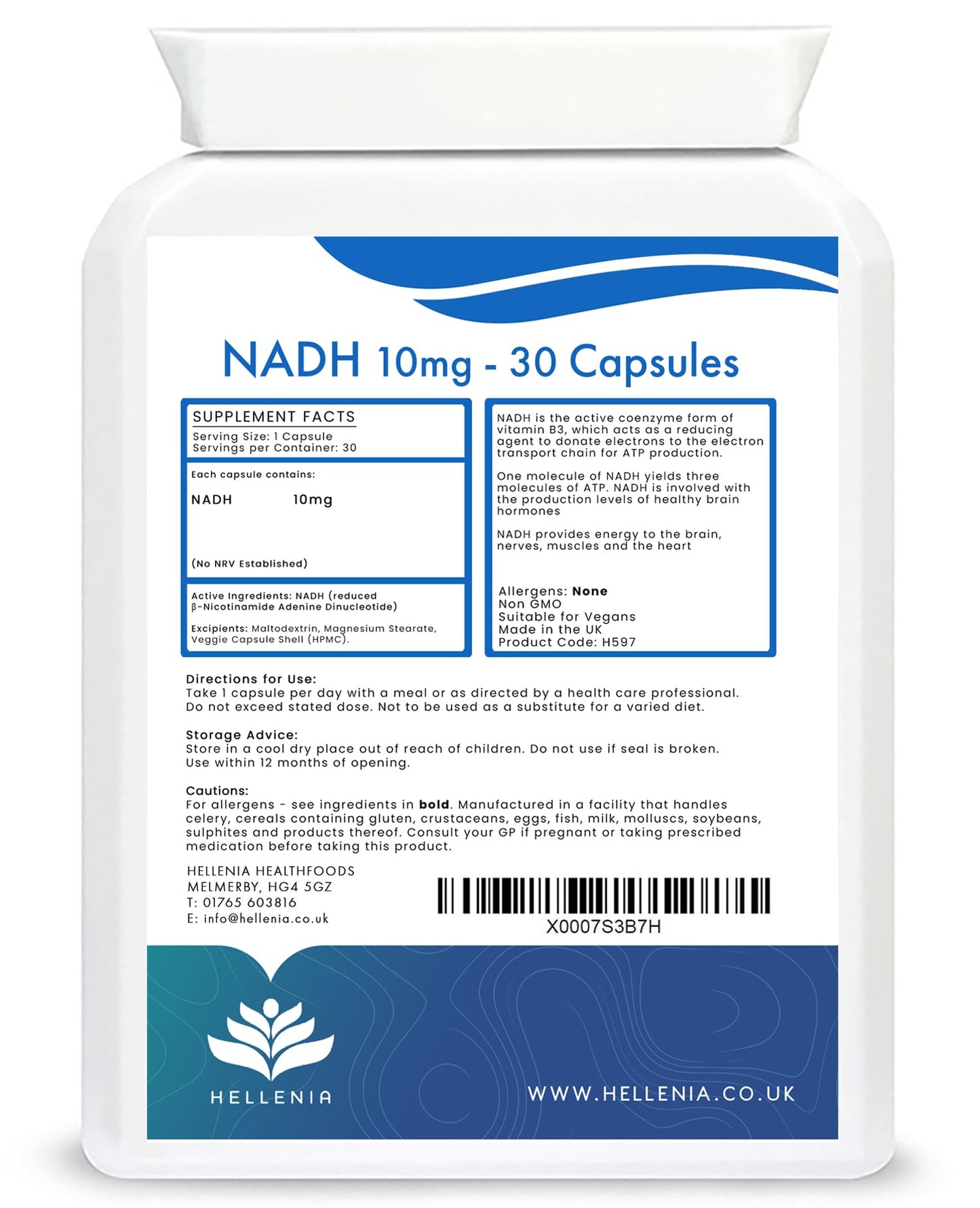 NADH 10mg | 30 Capsules | Energy Supplement | Energy Booster, NAD+ Supplement, Active Form of Vitamin B3 | Vegan Friendly - GMP Certified Product | Made in The UK by Hellenia