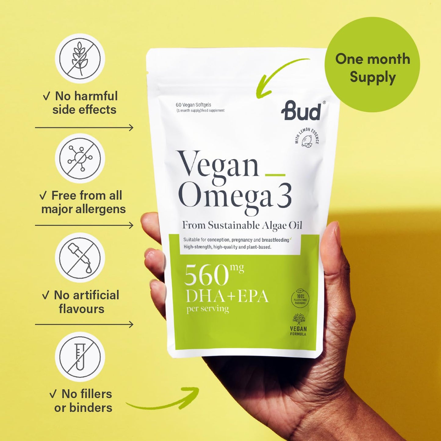 Bud Vegan Omega 3 Supplements - High-Strength DHA EPA & DPA - Premium Plant-Based Algae Oil Omega 3 - Omega Supports Brain, Eye & Heart Health - 60 Omega 3 Vegan Capsules (1 Month Supply)