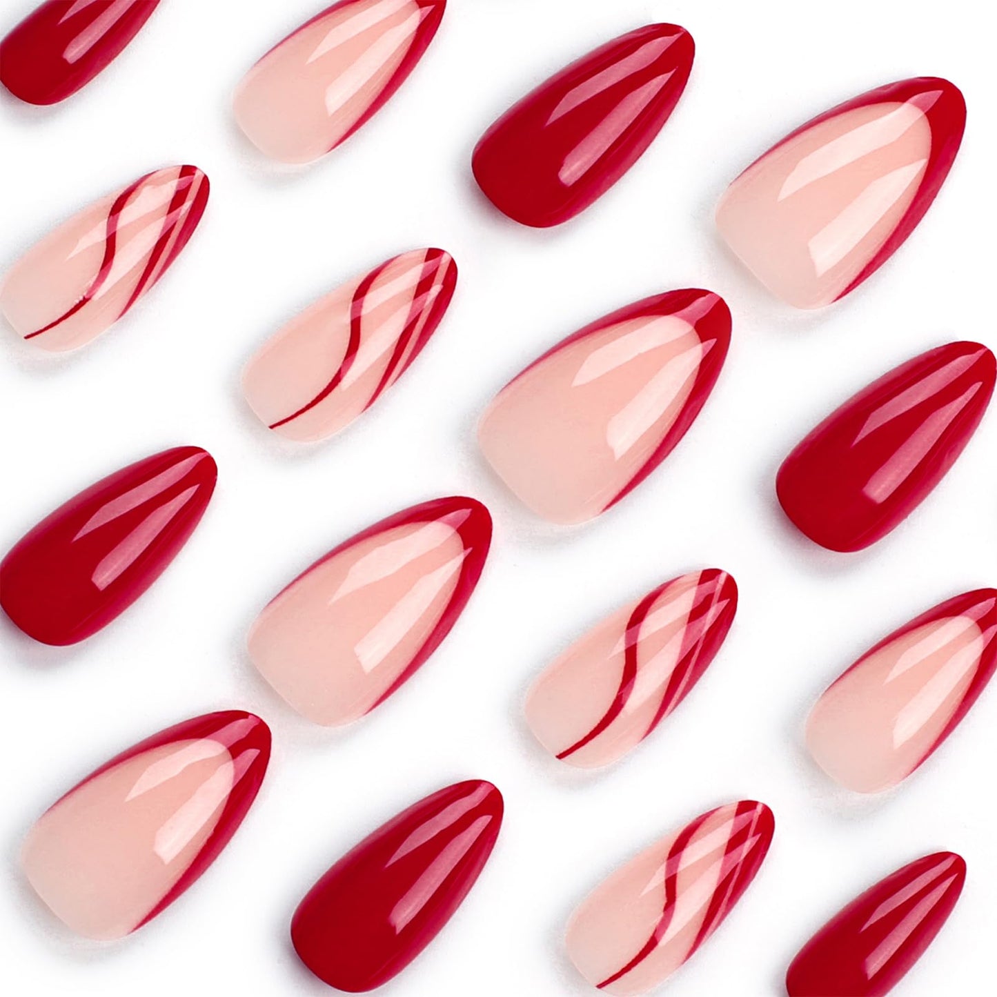 Ceboic Almond False Nails Medium, 24Pcs French Tip Press on Nails Red Ripple Gel Fake Nails 12 Sizes, Natural Glue on Nails Full Cover Acrylic Oval Stick on Nails for Women and Girls
