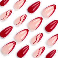 Ceboic Almond False Nails Medium, 24Pcs French Tip Press on Nails Red Ripple Gel Fake Nails 12 Sizes, Natural Glue on Nails Full Cover Acrylic Oval Stick on Nails for Women and Girls