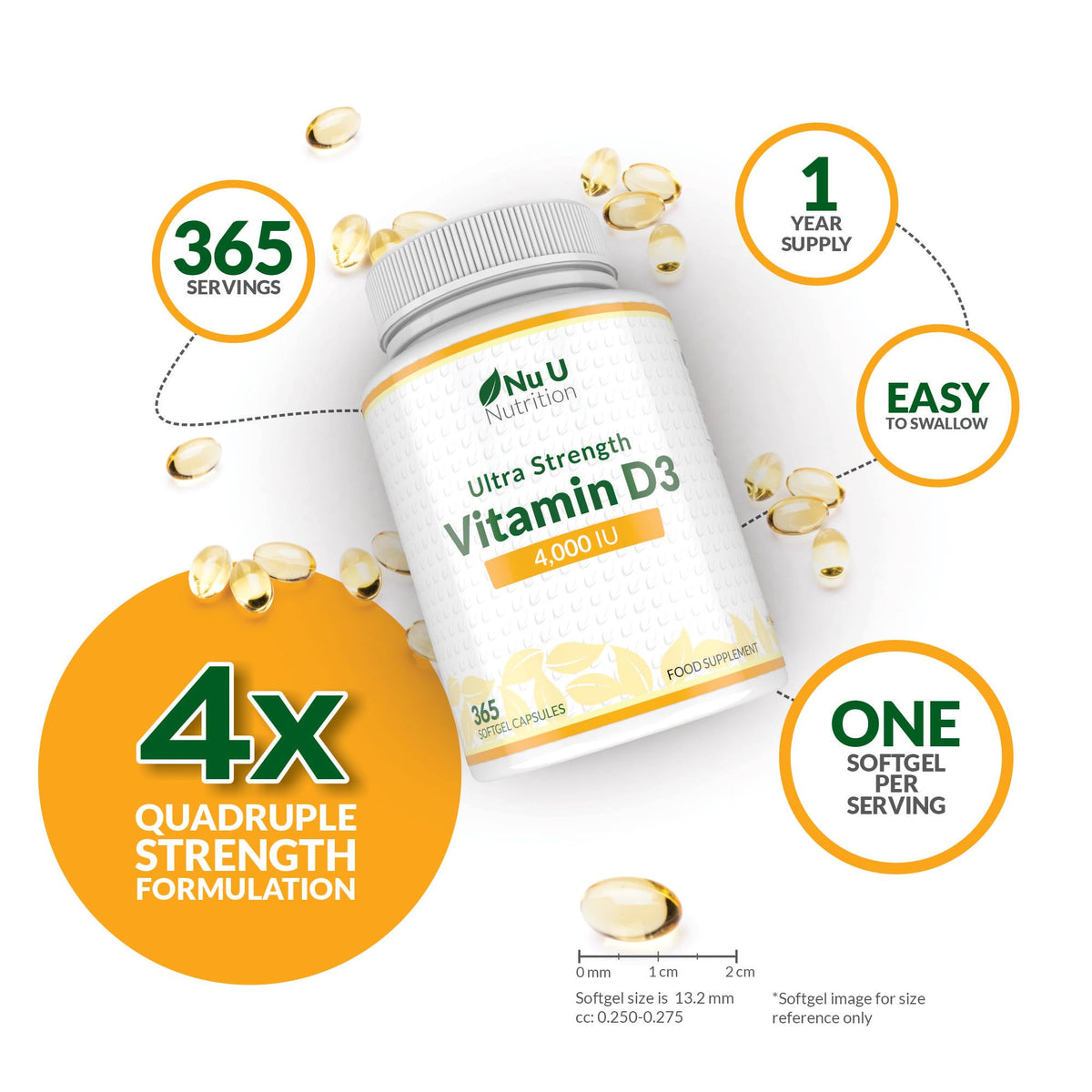 Nu U Nutrition - Vitamin D 4000IU - 365 Softgel Capsules not Tablets - 1 Year Supply - Quadruple Strength - Easy to Swallow - Cholecalciferol Form Vitamin D3 Supplement - Made in the UK