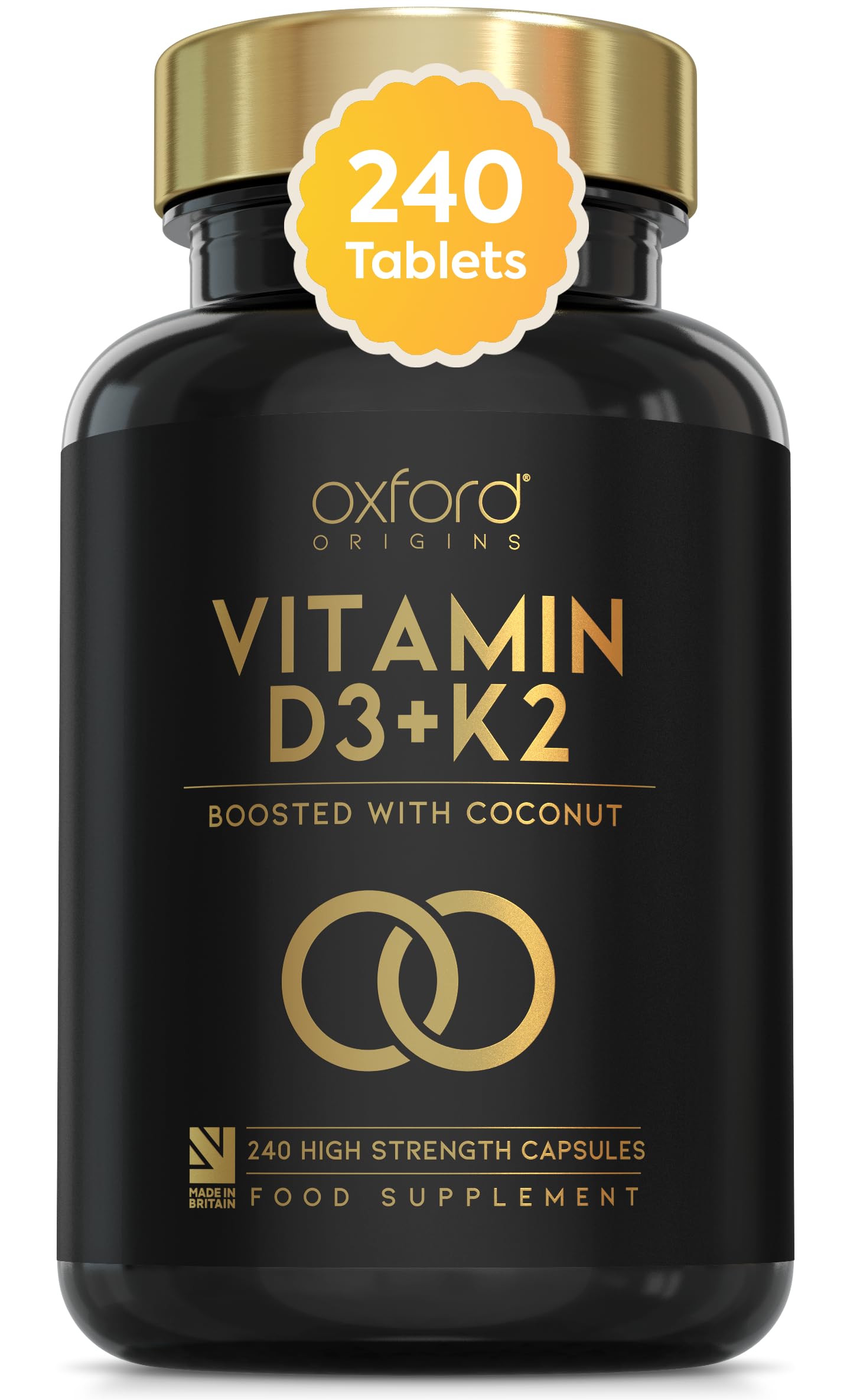 Oxford Organics Vitamin D3 K2 Capsules - 4000 IU Vitamin D & 100mcg Vitamin K MK7 - Boosted with Coconut MCTs for Absorption | 240 High Strength Vitamin D and K2 Capsules | 8 Month Supply | UK Made & Vegetarian
