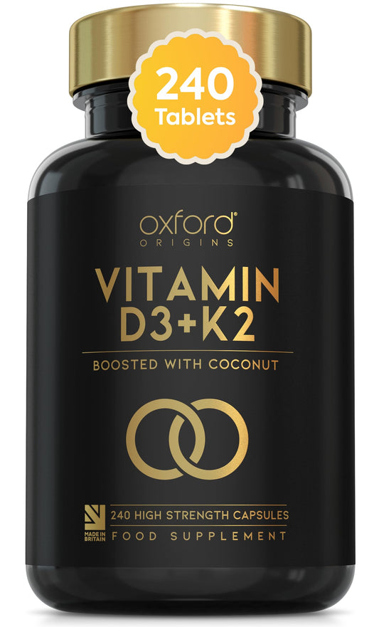 Oxford Organics Vitamin D3 K2 Capsules - 4000 IU Vitamin D & 100mcg Vitamin K MK7 - Boosted with Coconut MCTs for Absorption | 240 High Strength Vitamin D and K2 Capsules | 8 Month Supply | UK Made & Vegetarian