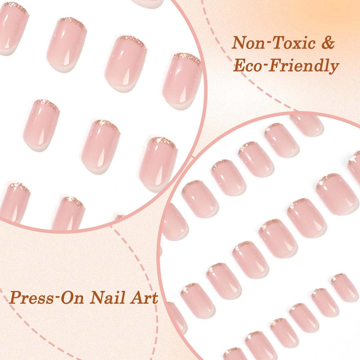 Generic Short Oval False Nails with Glitter Gold Edge - French Style Press On Nails Set in Nude for Women, Includes Art Accessories and Applicator Tool for Short Square and Round Shapes