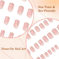 Generic Short Oval False Nails with Glitter Gold Edge - French Style Press On Nails Set in Nude for Women, Includes Art Accessories and Applicator Tool for Short Square and Round Shapes