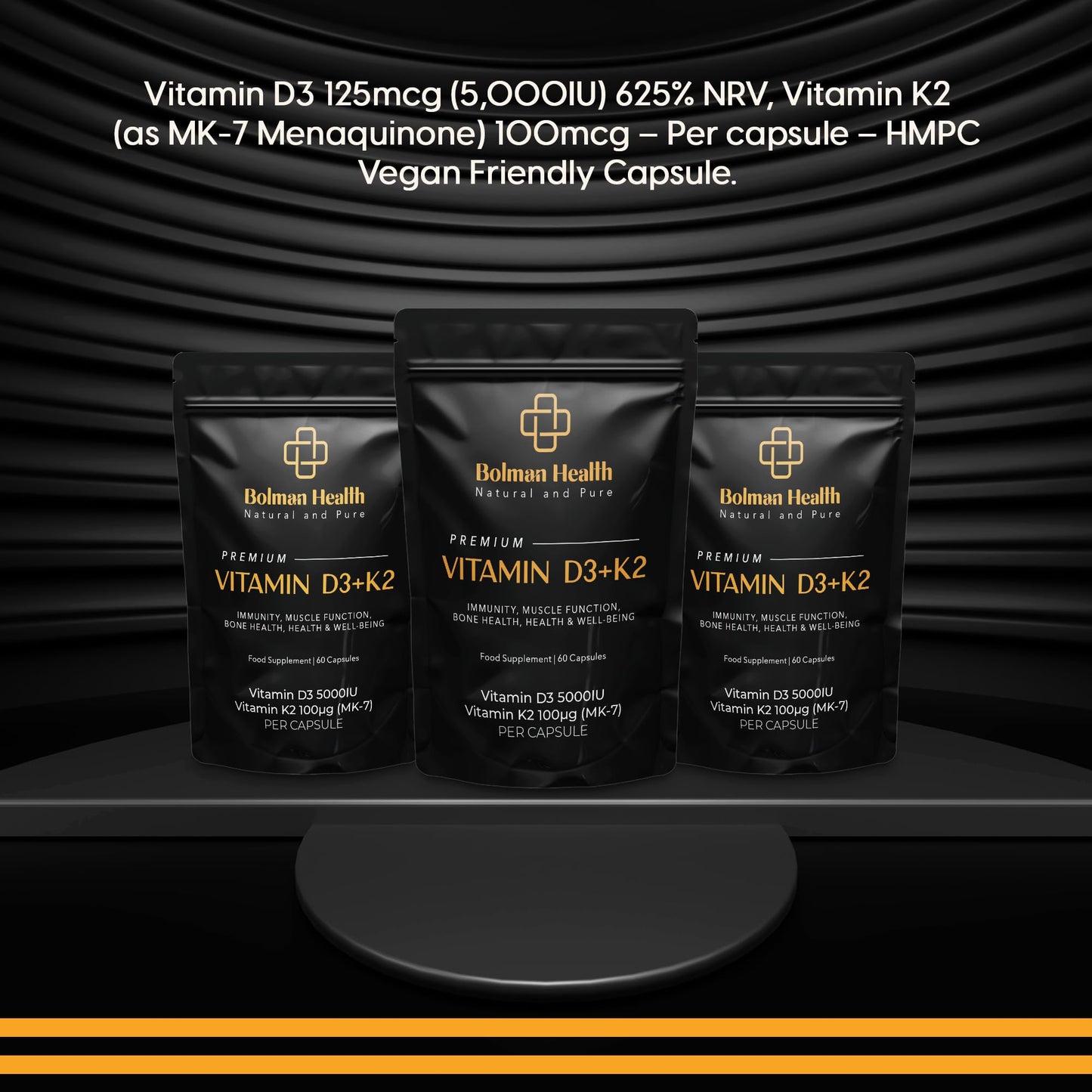 Bolman Health Vitamin D3 + K2 Capsules | Vegeterian Capsules | 5000IU & 100μg (MK-7) | 60 High Strength HMPC Vegan Capsules | 1-A-Day | Vegetarian and UK Manufacture - Supports Immune Sytem & Bone Health