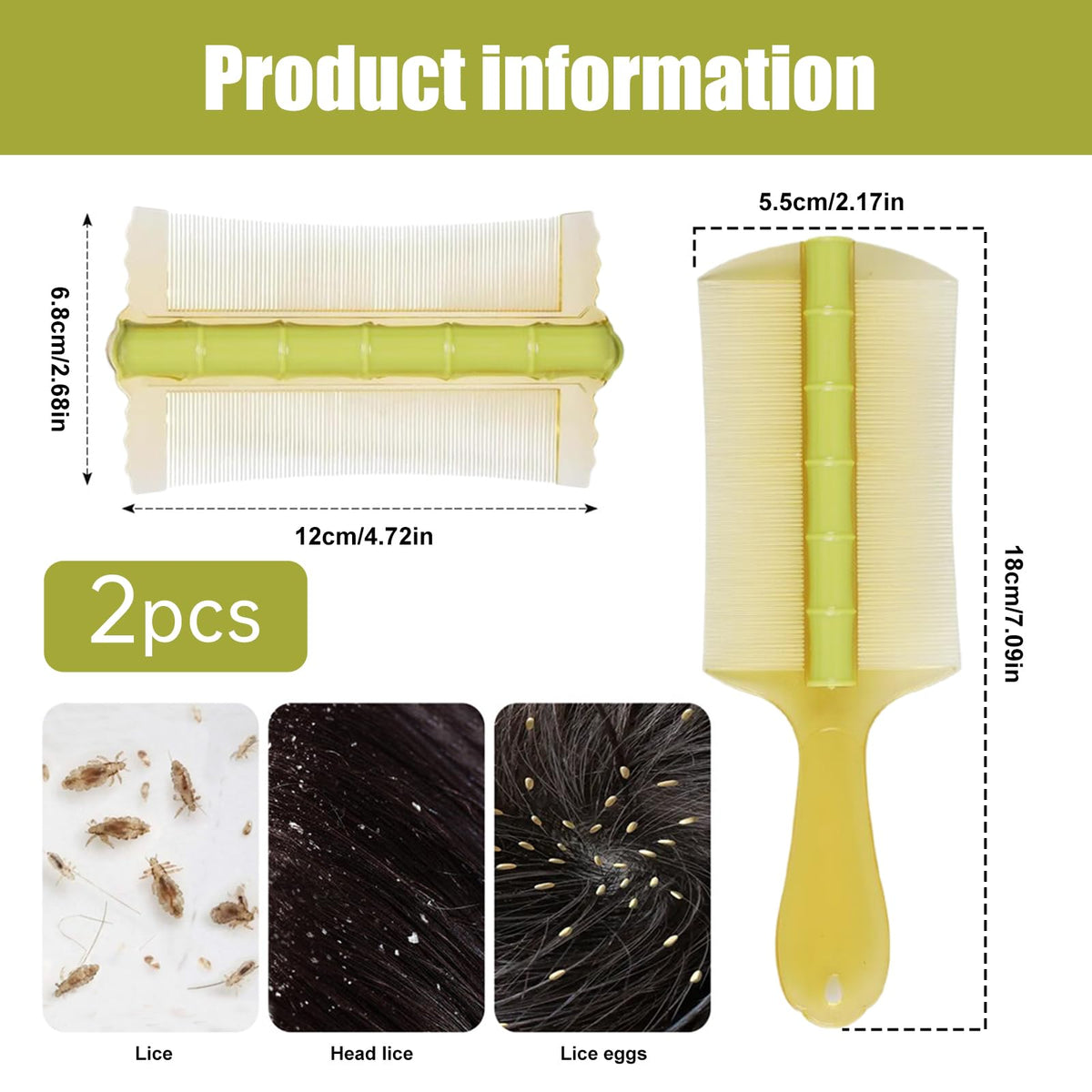 UEKPDM 2-Pack Nit Comb for Lice & Dandruff – Double-Sided Fine Tooth Comb for Flakes, Nits and Tangled Hair – Green Scalp Care Tool for Kids & Adults