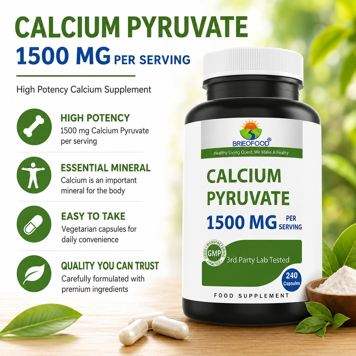 Brieofood Calcium Pyruvate 1500mg per Serving - 240 Vegetarian Capsules