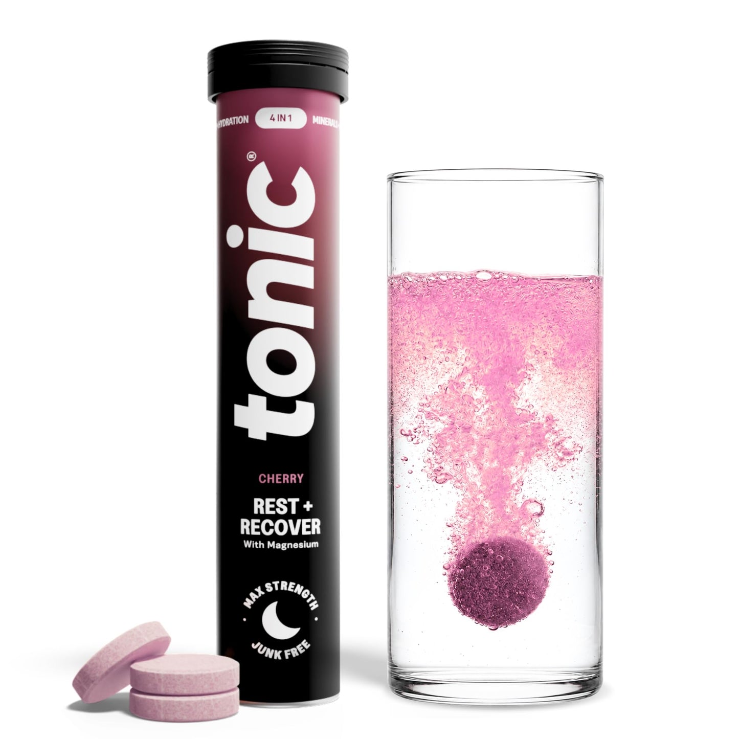Tonic Health Rest and Recovery Effervescent Tablets - 300mg Elemental Magnesium, Ashwagandha, Lemon Balm - No Sugar, Magnesium Glycinate - Relax and Recharge, Calming Cherry 20 Count