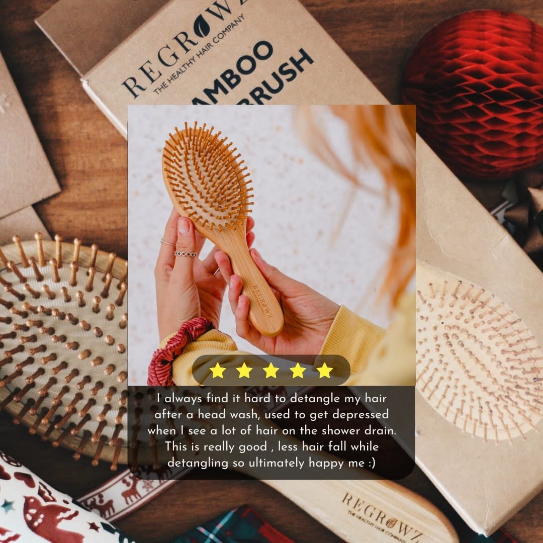 Regrowz Bamboo Paddle Hairbrush with Round Bristles - Detangle Hair & Reduce Hair Breakage - Perfect Hair Care Tool