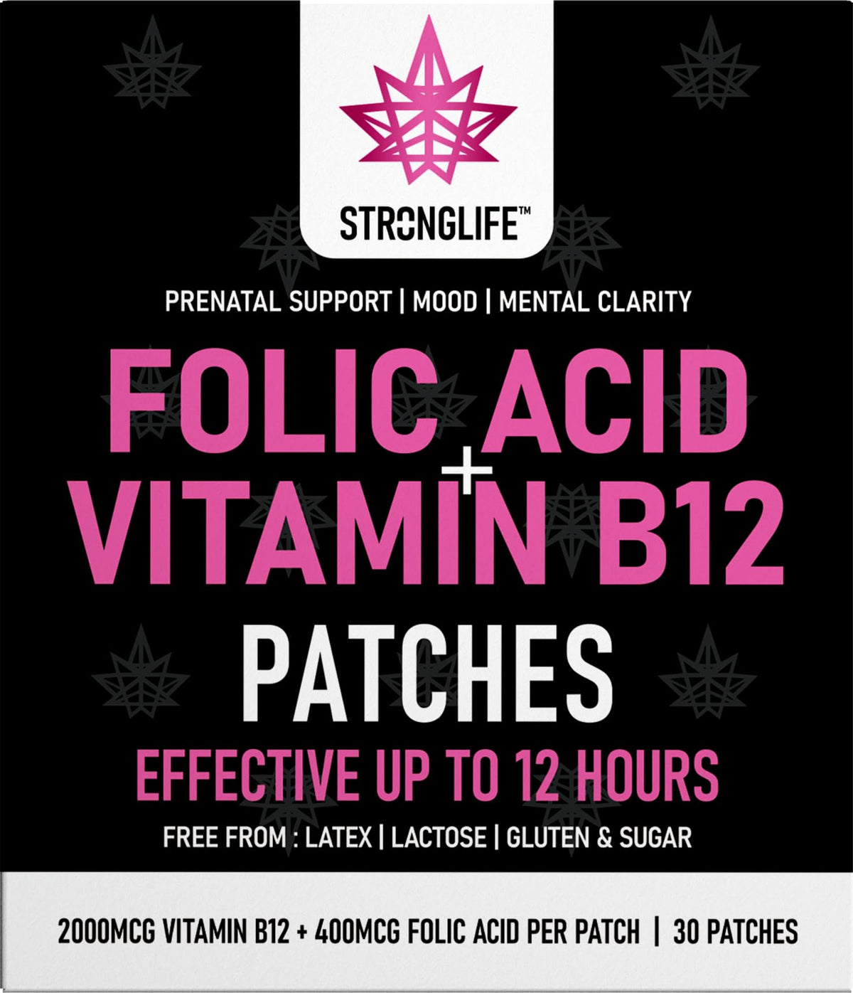 Stronglife Folic Acid & Vitamin B12 Patches – High Absorption, 12-Hour Release – Supports Energy, Mood, & Immune Health – Easy-to-Use – 30 Patches – Natural Ingredients – Like - Capsules & Powder