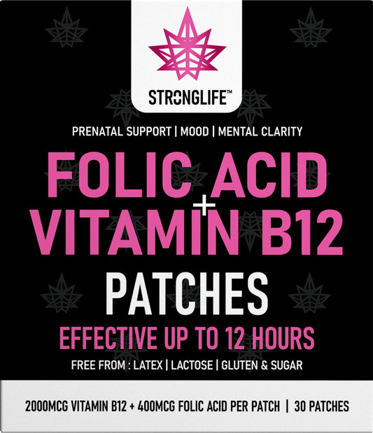 Stronglife Folic Acid & Vitamin B12 Patches – High Absorption, 12-Hour Release – Supports Energy, Mood, & Immune Health – Easy-to-Use – 30 Patches – Natural Ingredients – Like - Capsules & Powder