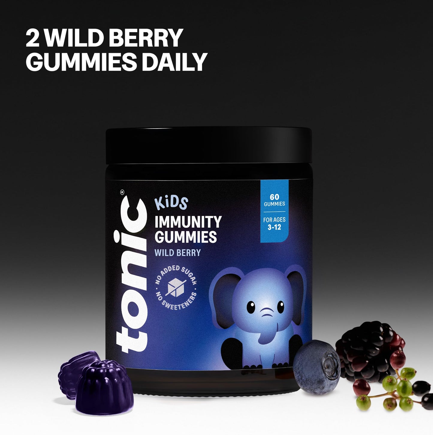 Tonic Health Kids Immunity Gummies - 7 in 1, Elderberry Gummies, No Added Sugar, No Sweeteners, Vitamins C, D and Zinc, Wild Berry Flavour, Month Supply (60 Count), Ages 3-12, Vegan.