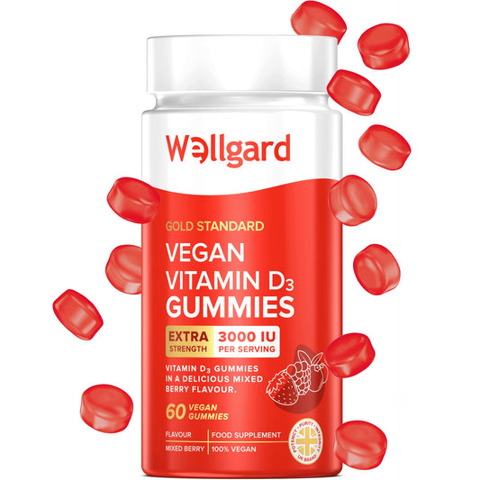 Wellgard High Strength Vitamin D3 Gummies 3000 IU - 60 Vegan Vitamin D Gummies Adults, Chewable Vitamin D, Mixed Berry Flavour