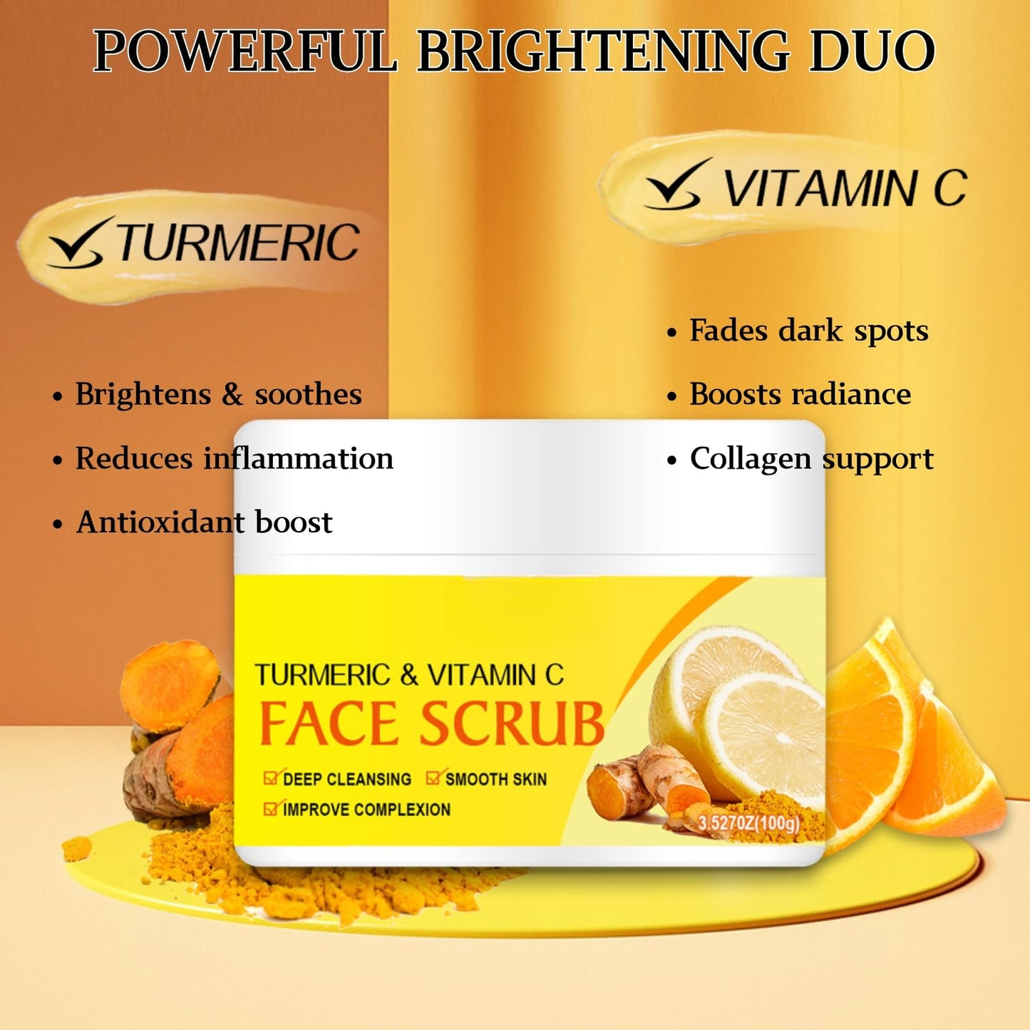 Shefave Turmeric & Vitamin C Face Scrub Exfoliator,Natural Facial Exfoliating Body Scrub,Facial Peeling Cream Brightening Srub for Women&Men-Improve Dark Spots Blackheads Acne,Even Skin Tone Skin Care, 100g