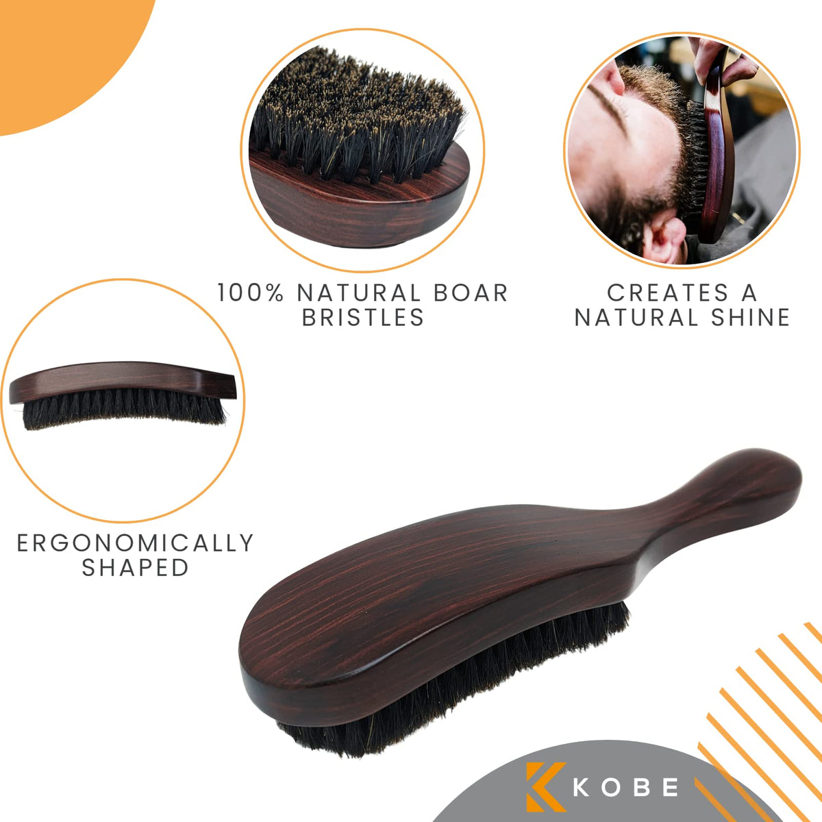 Kobe Professional Men's Dark Wood Club Brush - Men’s Boar Bristle Hair Brush/Beard Brush - Wooden Bristle Brush for Men & Women (Errol)
