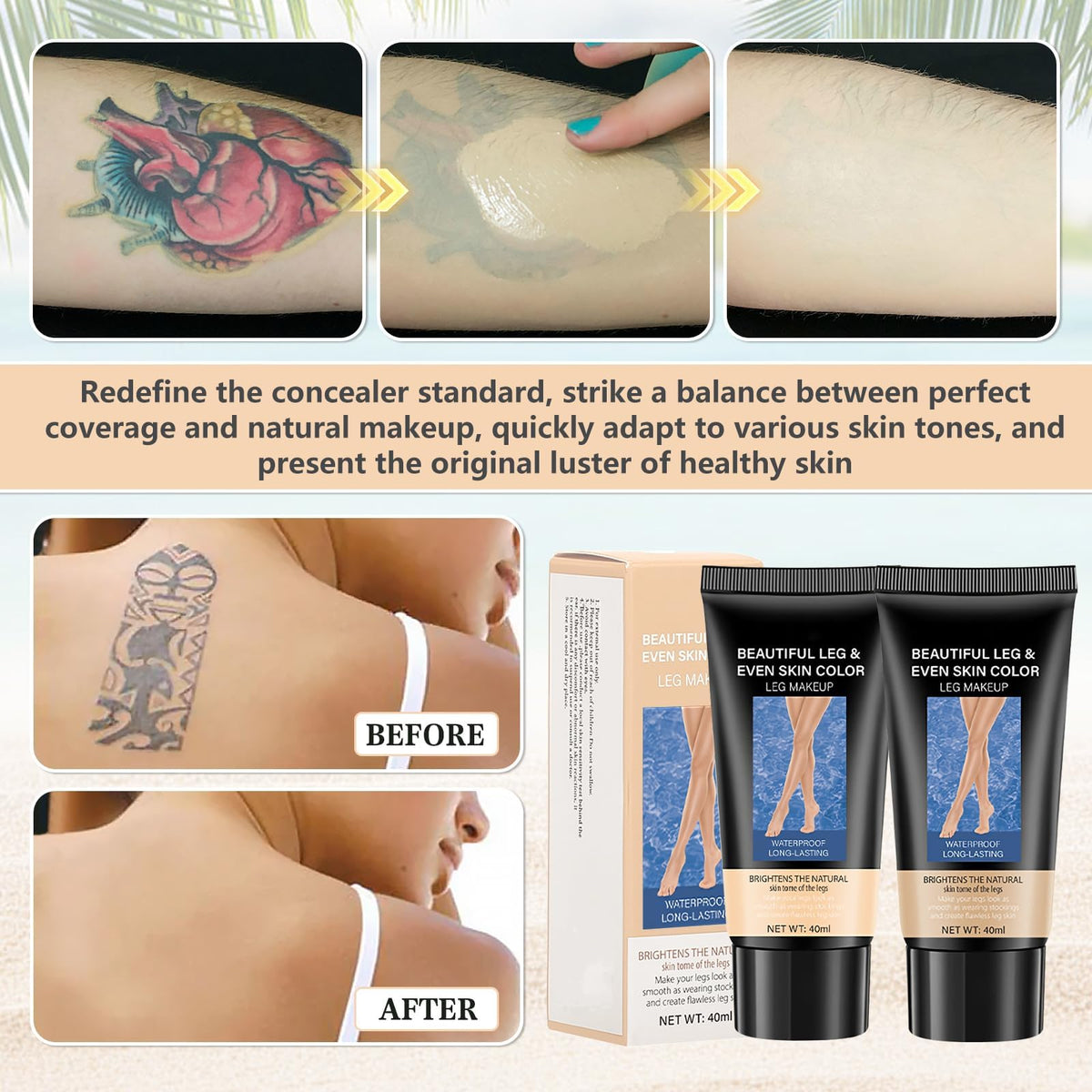 Kenmohuo 2pcs Body Coverage Perfector, Waterproof Leg Makeup, Tattoo Cover Up Cream All Over Complexion Perfect With Large Bevel Brush 48H Long Lasting Wear（Light and neutral colors）