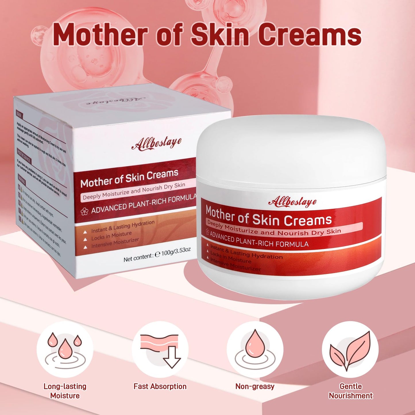 Allbestaye Mother of Skin Creams Body Cream - Eczema Cream & Body Moisturiser for Dry Sensitive Skin, Long-Lasting Hydration for Hands, Feet & Body, Natural Ingredients, 100g