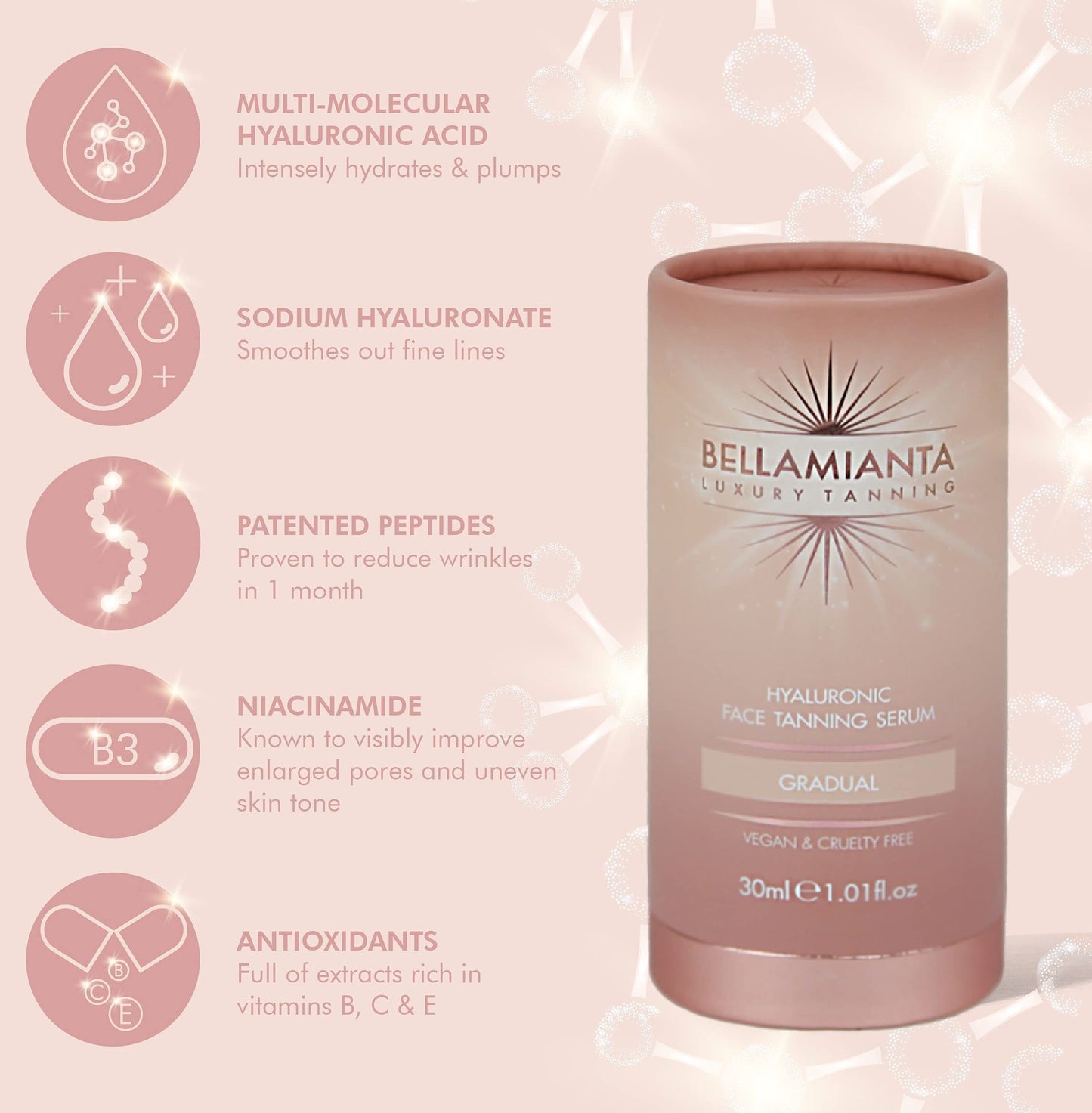 Bellamianta Gradual Hyaluronic Face Tanning Serum - Hydrating, Buildable Tan Serum - Skincare Tanning Bronzing Combo, Nourishes and Enhances Skin Contains Vitamin B, C & E - All Skin Types - 30ml