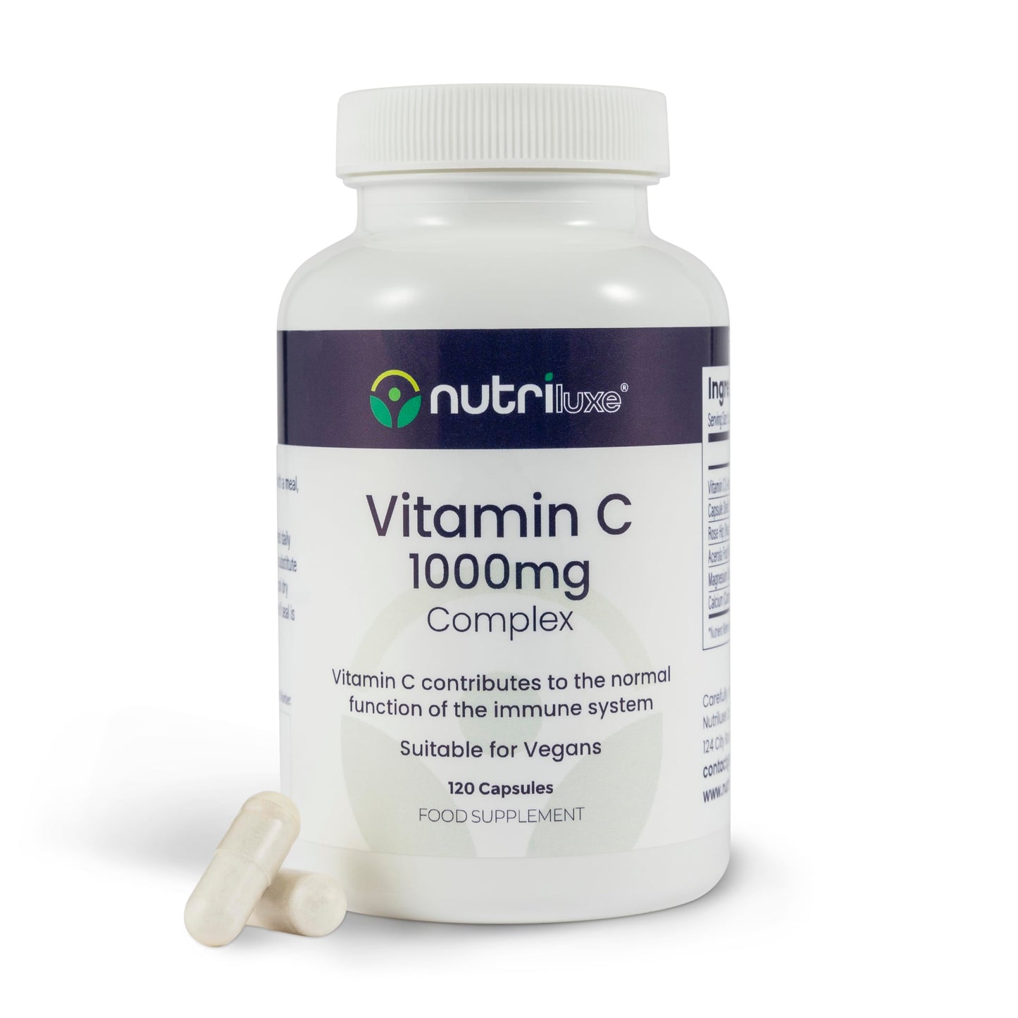 nutriluxe Nutriluxe High Strength Vitamin C 1000mg -120 Capsules - Vitamin C with Acerola Fruit, Rose Hip, Calcium and Magnesium Supplements for Immune System Support Men & Women