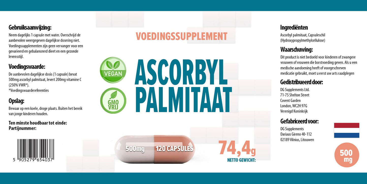 Hepatica Ascorbyl Palmitate 500mg 120 Vegan Capsules, 3rd Party Lab Tested, High Strength Supplement, No Fillers or Bulkers, Gluten and GMO Free