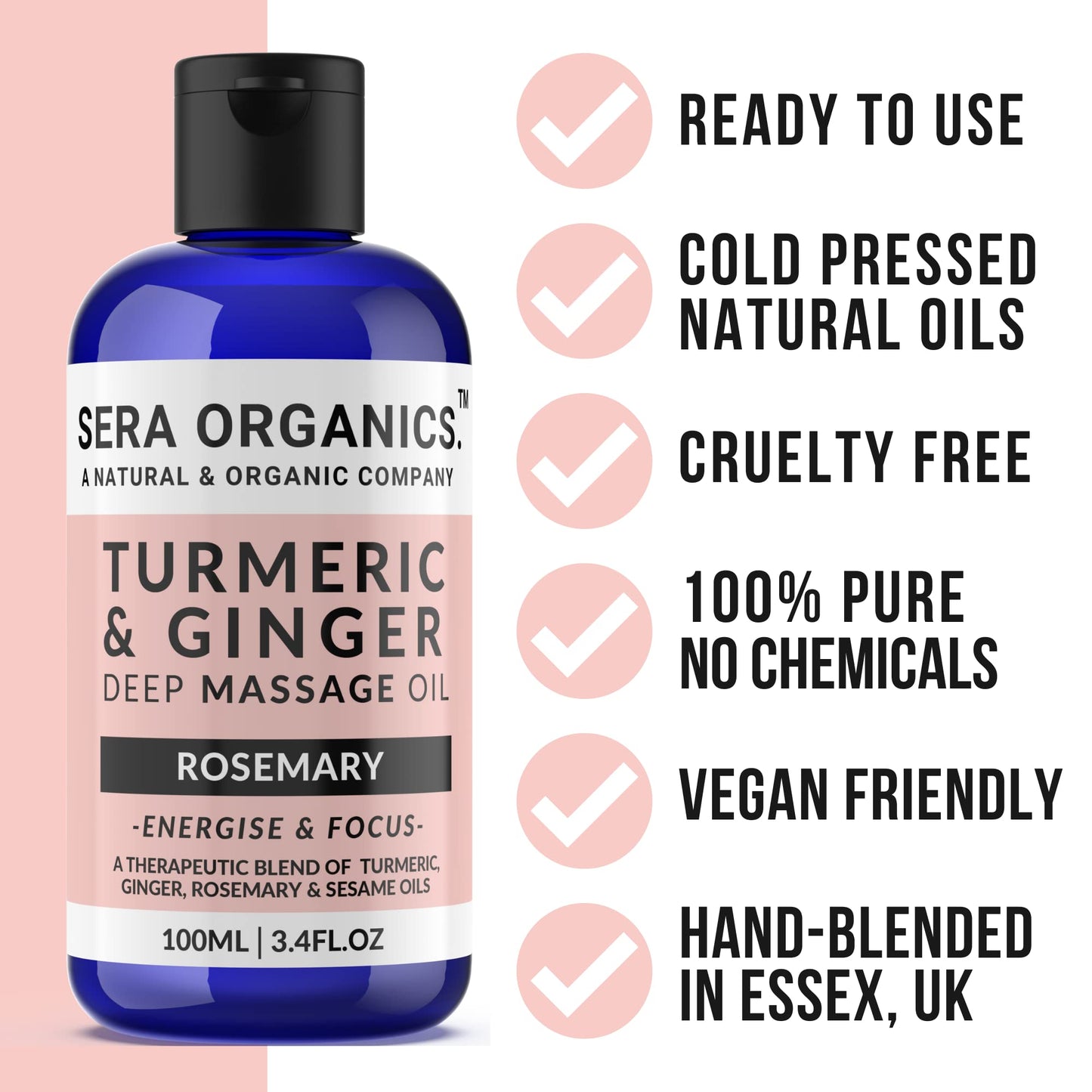 Turmeric & Ginger Massage Oil - Natural Muscle & Joint Relief - Warming, Relaxing, and Soothing Therapy - Lymphatic Drainage & Anti-Inflammatory with Rosemary (100ml) Made in The UK by Sera Organics