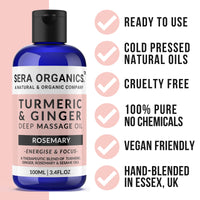 Turmeric & Ginger Massage Oil - Natural Muscle & Joint Relief - Warming, Relaxing, and Soothing Therapy - Lymphatic Drainage & Anti-Inflammatory with Rosemary (100ml) Made in The UK by Sera Organics