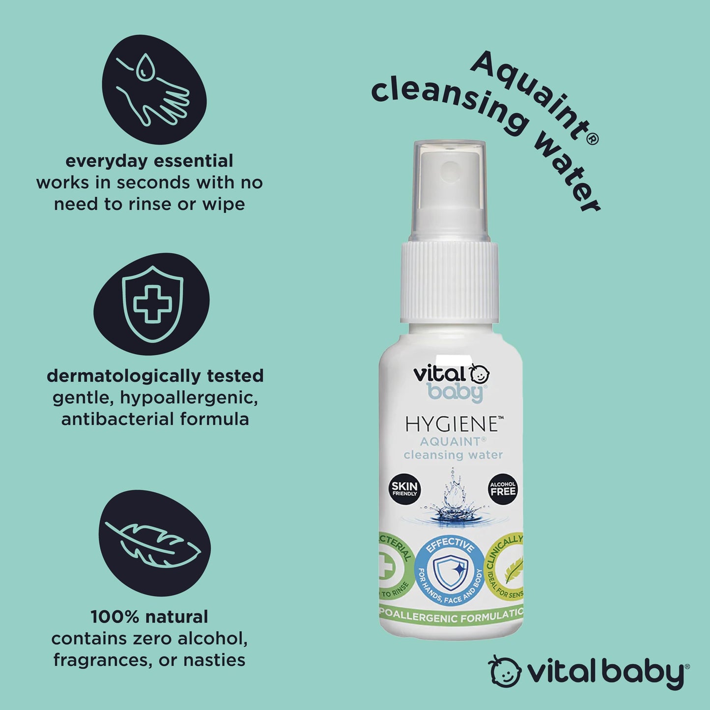 vital baby HYGIENE Vital Baby Aquaint Cleansing Water 50ml 2pk | Hypoallergenic & Antibacterial | Safe for All Ages, Gentle on Skin, Alcohol-Free, 100% Natural Formula | Vegan-Friendly | Quick, No-Rinse Skin Cleanser