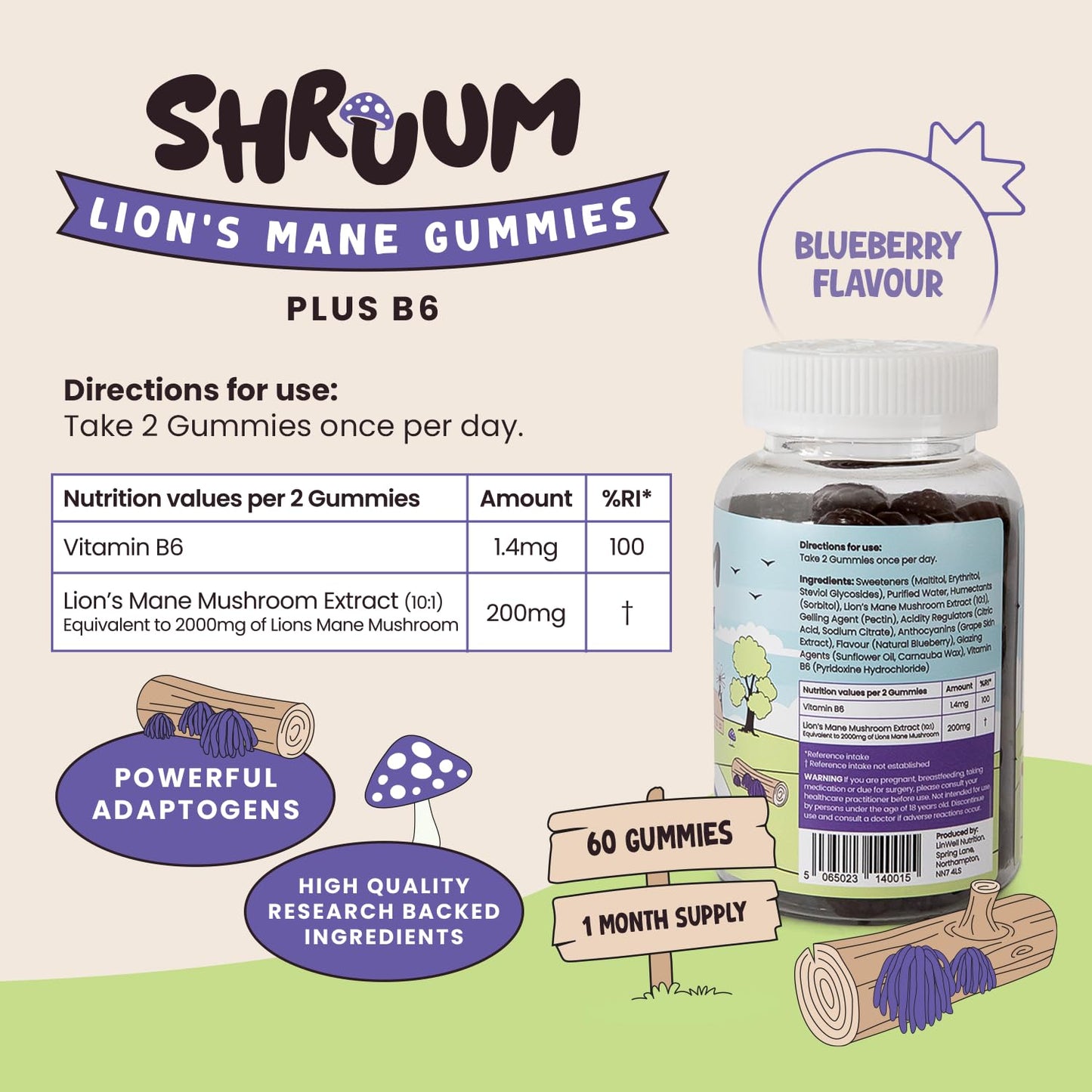 Shruum SHRUUM Lions Mane Gummies 2000mg - Mushroom Gummies for Focus & Clarity Without Caffeine - Sugar Free, Vegan, with Vitamin B6 - Blueberry - 60 Gummies (30 Day Supply)
