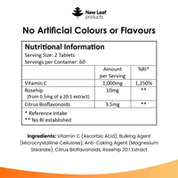 NEW LEAF PRODUCTS Vitamin C Tablets 1000mg - Enriched with Bioflavonoids & Rosehip - Premium Vitamin C Supplements - Vegan Tablets High Strength Ascorbic Acid VIT C for Normal Immune System UK Made